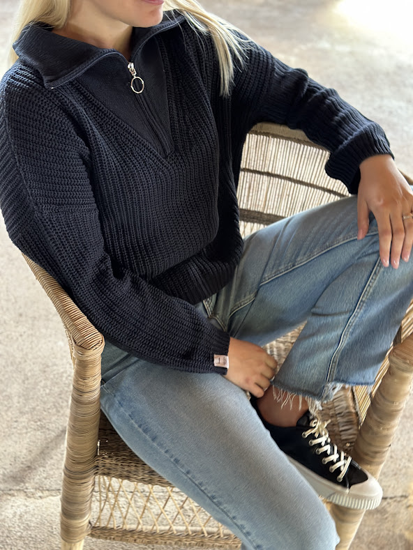 Untold Stories Florie Cotton Zip Knit Sweater Navy