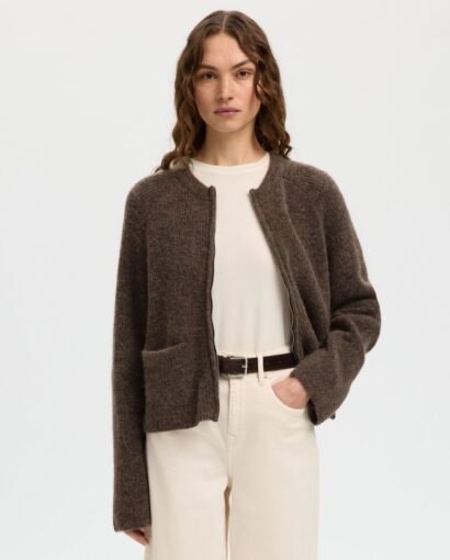 Selected Femme Sia Ras Knit Cardigan Chocolate Chip