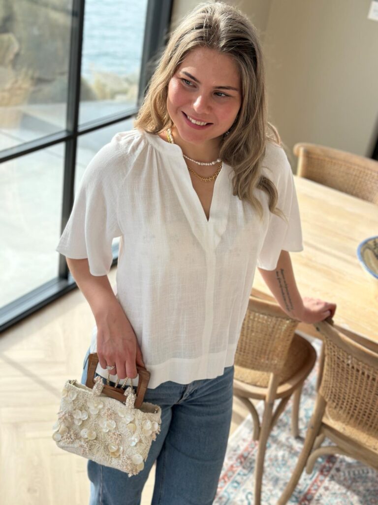 Selected Femme Viva 2/4 V- Neck Linen Blend Top Snow White