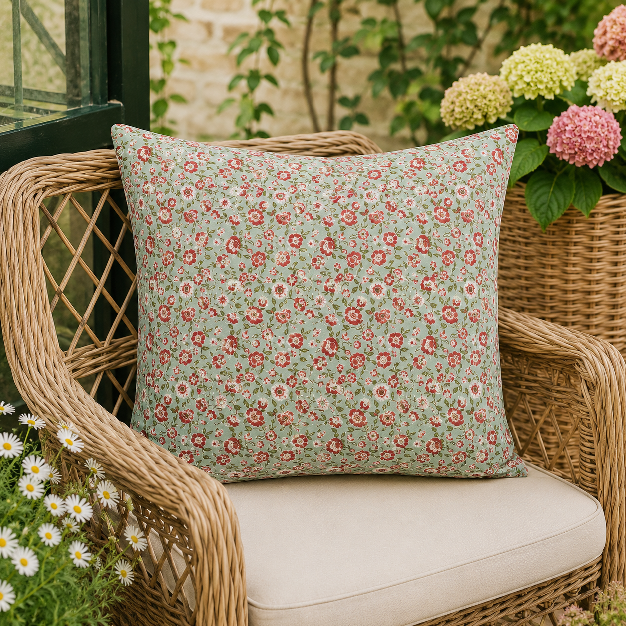 IB Laursen Liberty Pute Grønn med Blomster – 60x60 cm