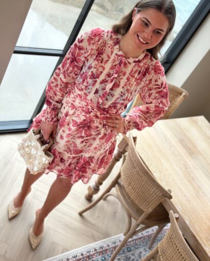 Neo Noir Roberta Flower Print Dress Evening Rose – Blomstrete bomullskjole med blondedetaljer