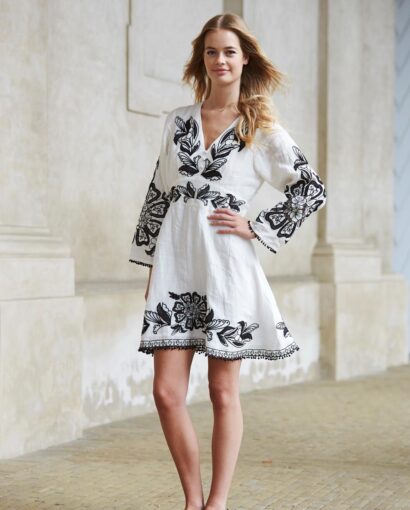 Helene Studios Anni Dress White W/black Embroidery