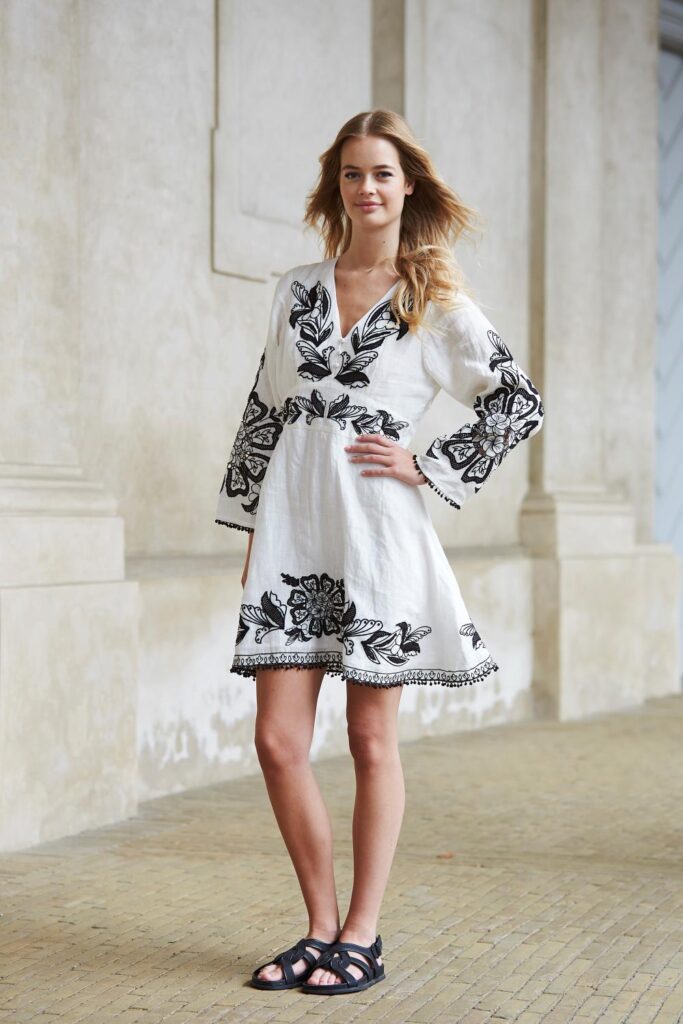 Helene Studios Anni Dress White W/black Embroidery