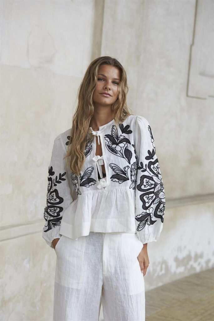 Helene Studios Anni Blouse White W/ Black Embroidery