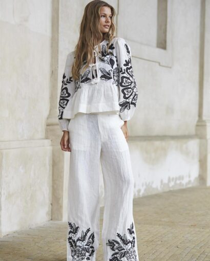 Anni Pants White W/ Black Embroidery