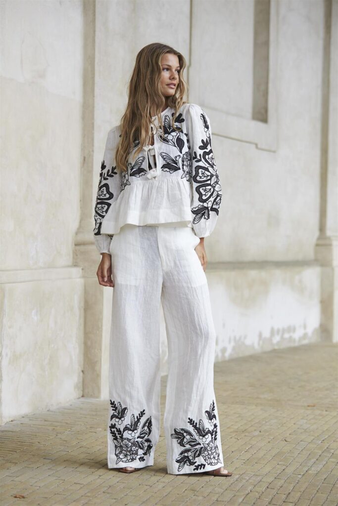 Anni Pants White W/ Black Embroidery