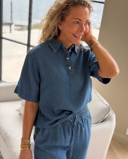 Selected Femme Janna 2/4 Polo Shirt Medium Blue Denim - Denimskjorte dame i Tencel