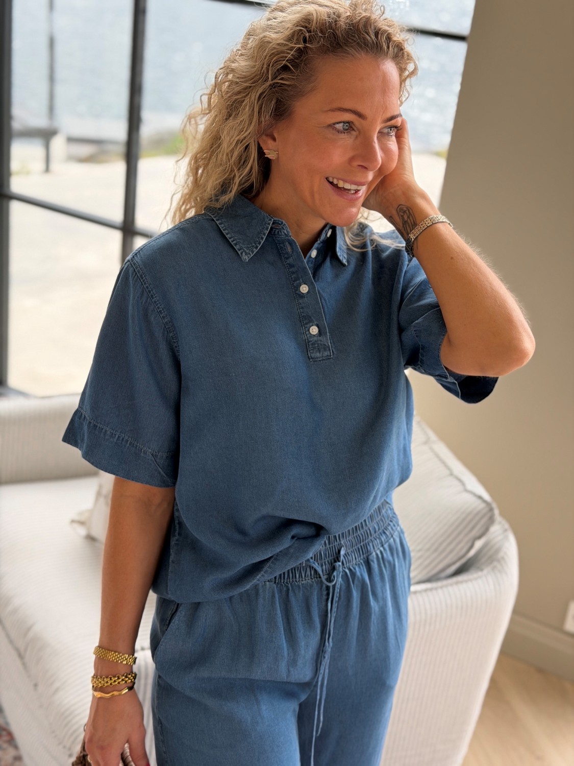 Selected Femme Janna 2/4 Polo Shirt Medium Blue Denim - Denimskjorte dame i Tencel