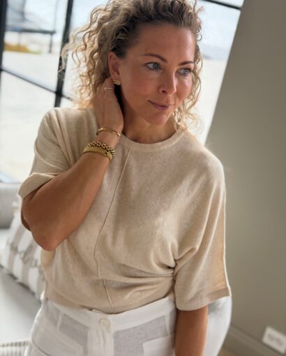 Selected Femme Jane Linen 2/4 Bat Knit O-Neck Sandshell - Linstrikk dame