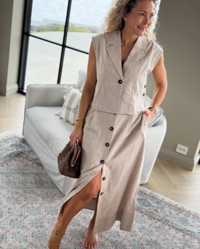 Yas Usuma HW Linen Blend Long Skirt White Pepper - Linsett med vest og skjørt