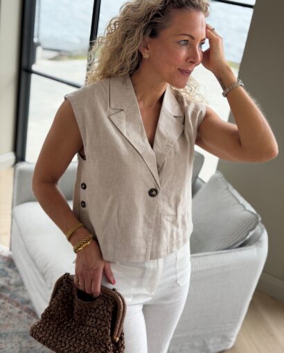 Yas Usuma Short Linen Blend WaistCoat White Pepper - Linsett dame