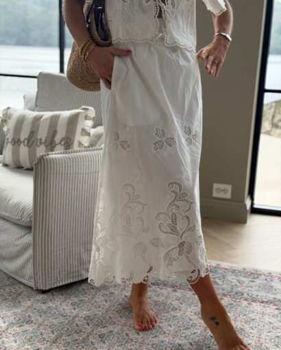 Neo Noir Yara Long Emb Skirt – Maxiskjørt i matchende sett med Broderie Anglaise