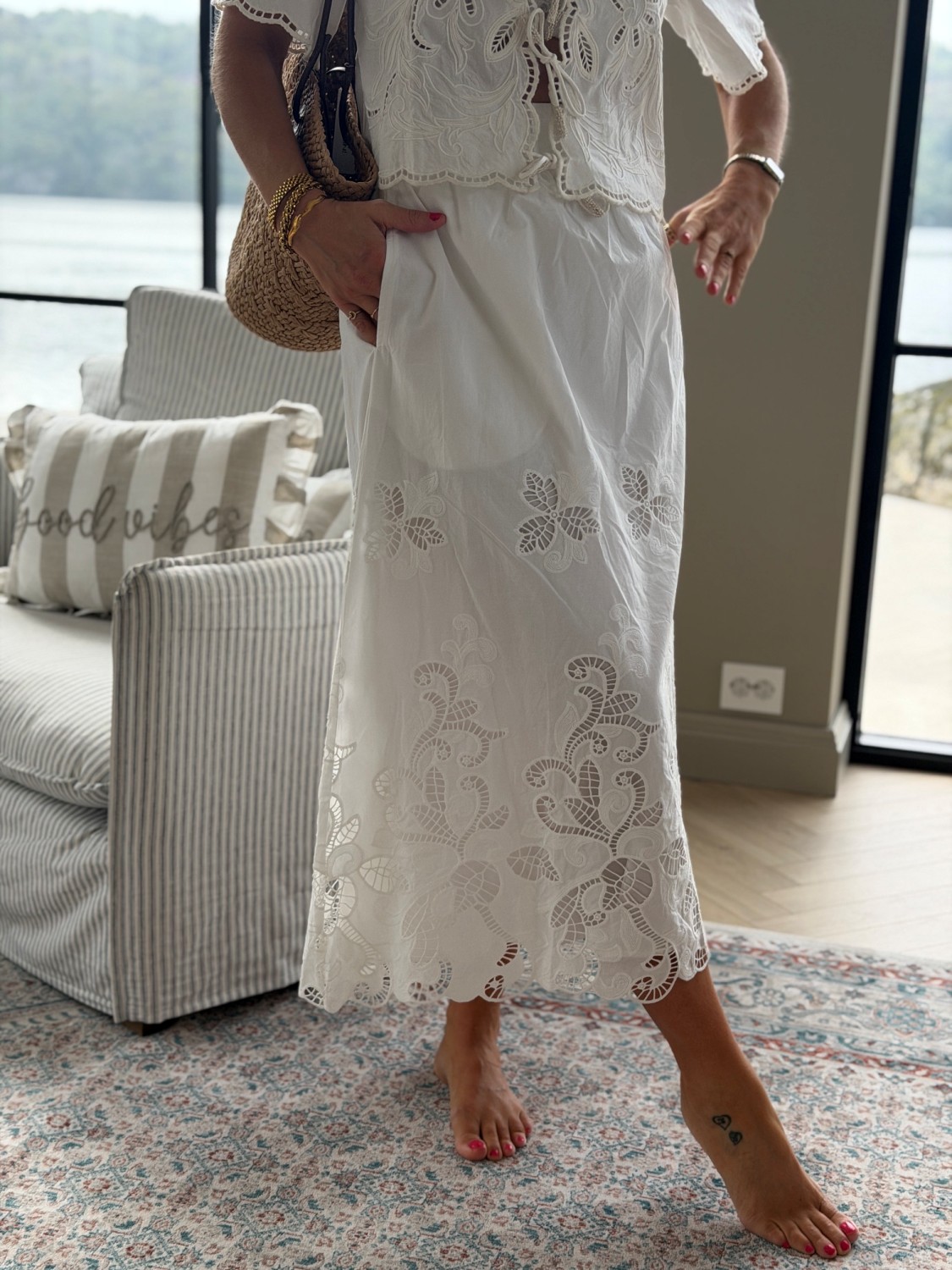 Neo Noir Yara Long Emb Skirt – Maxiskjørt i matchende sett med Broderie Anglaise