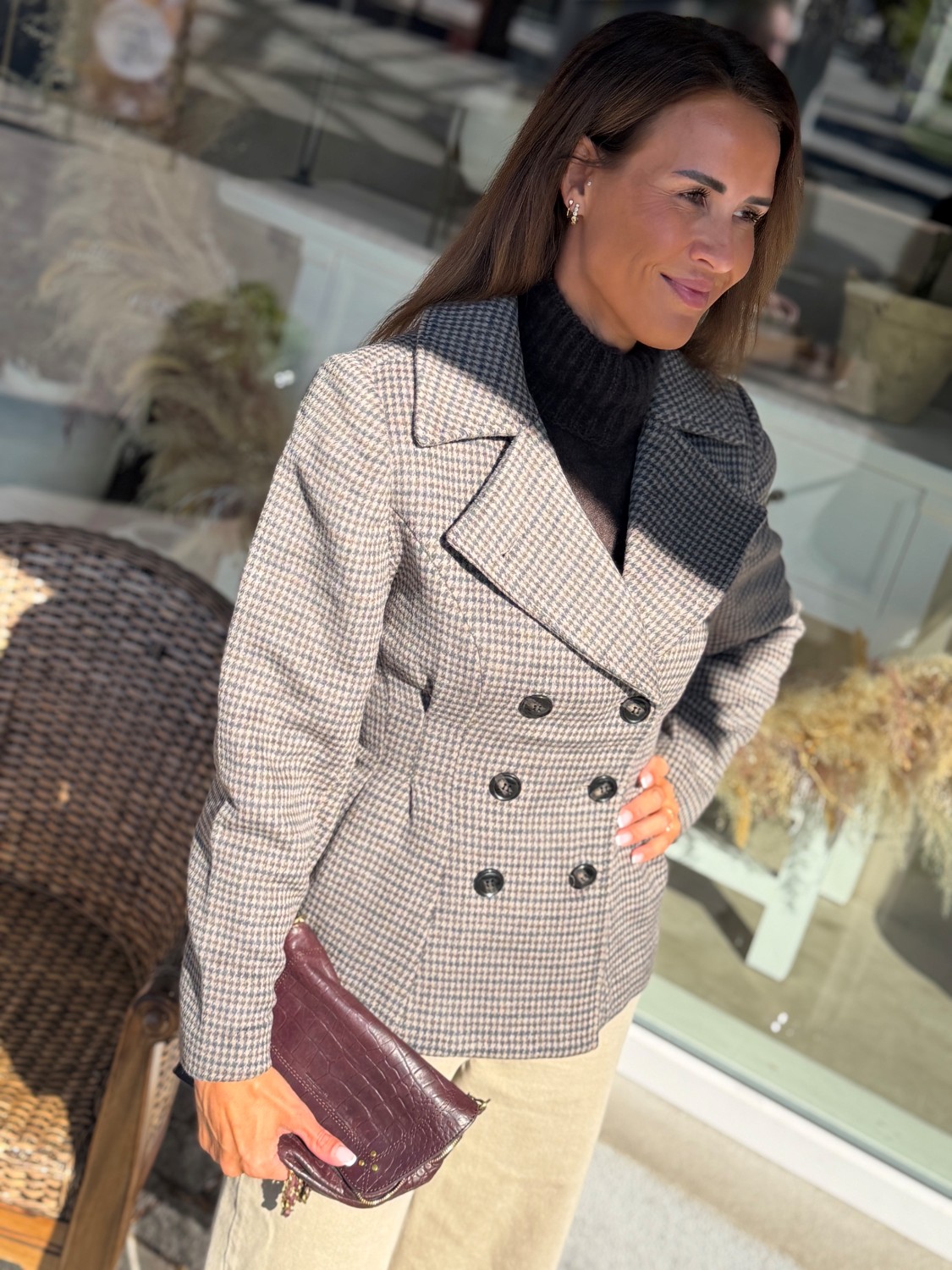 Urban Pioneers Hermione Jacket – Brun Dobbelspent hundetannsmønstret ullblazer