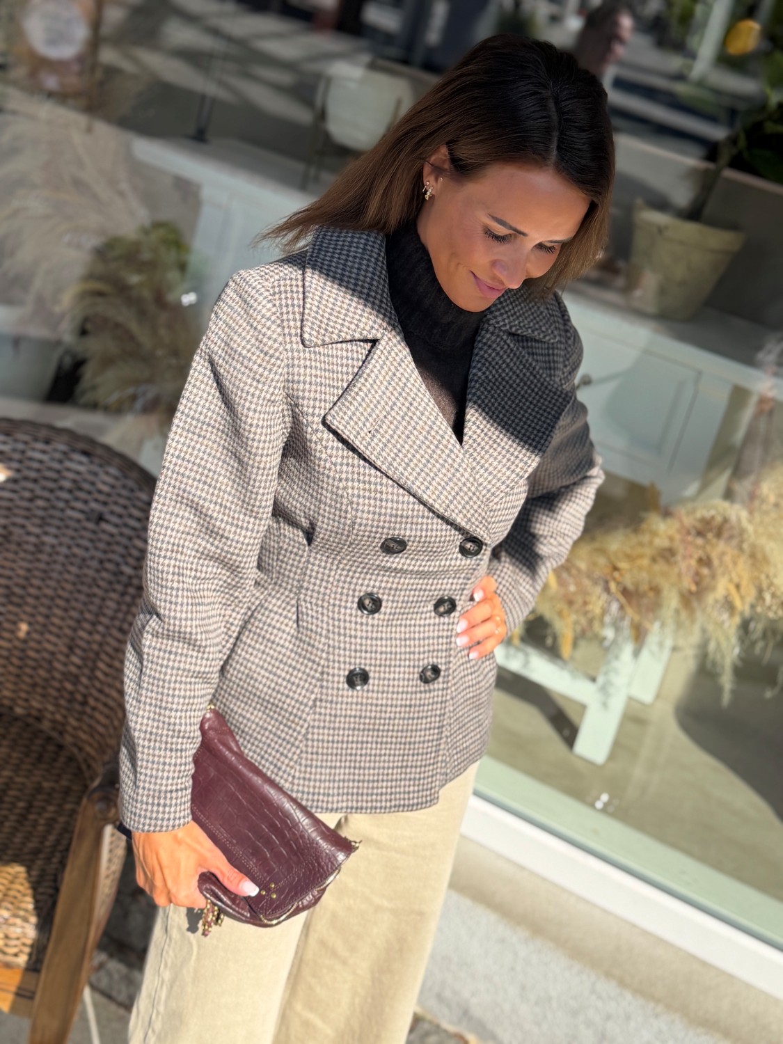 Urban Pioneers Hermione Jacket – Brun Dobbelspent hundetannsmønstret ullblazer