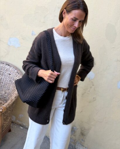 Six Ames Lina Cardigan Espresso Brown – Brun cardigan i 100 % vaskebjørnull