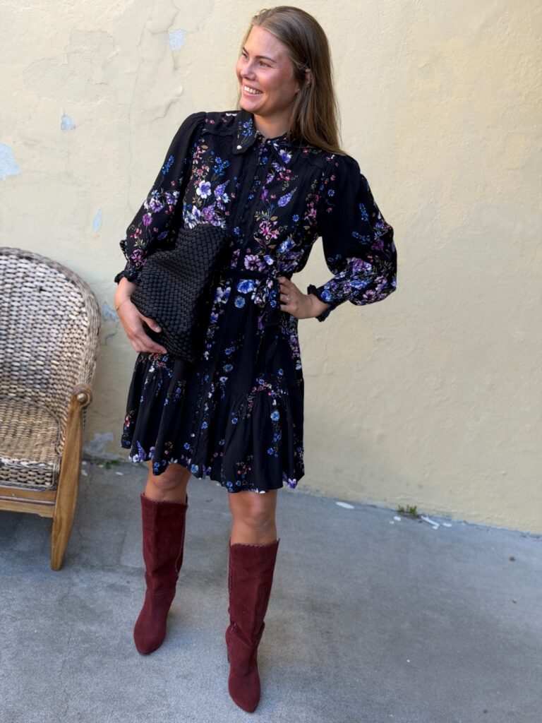 YAS Tilera Shirt Dress Black Tilly – Sort blomstrete skjortekjole med blondedetaljer