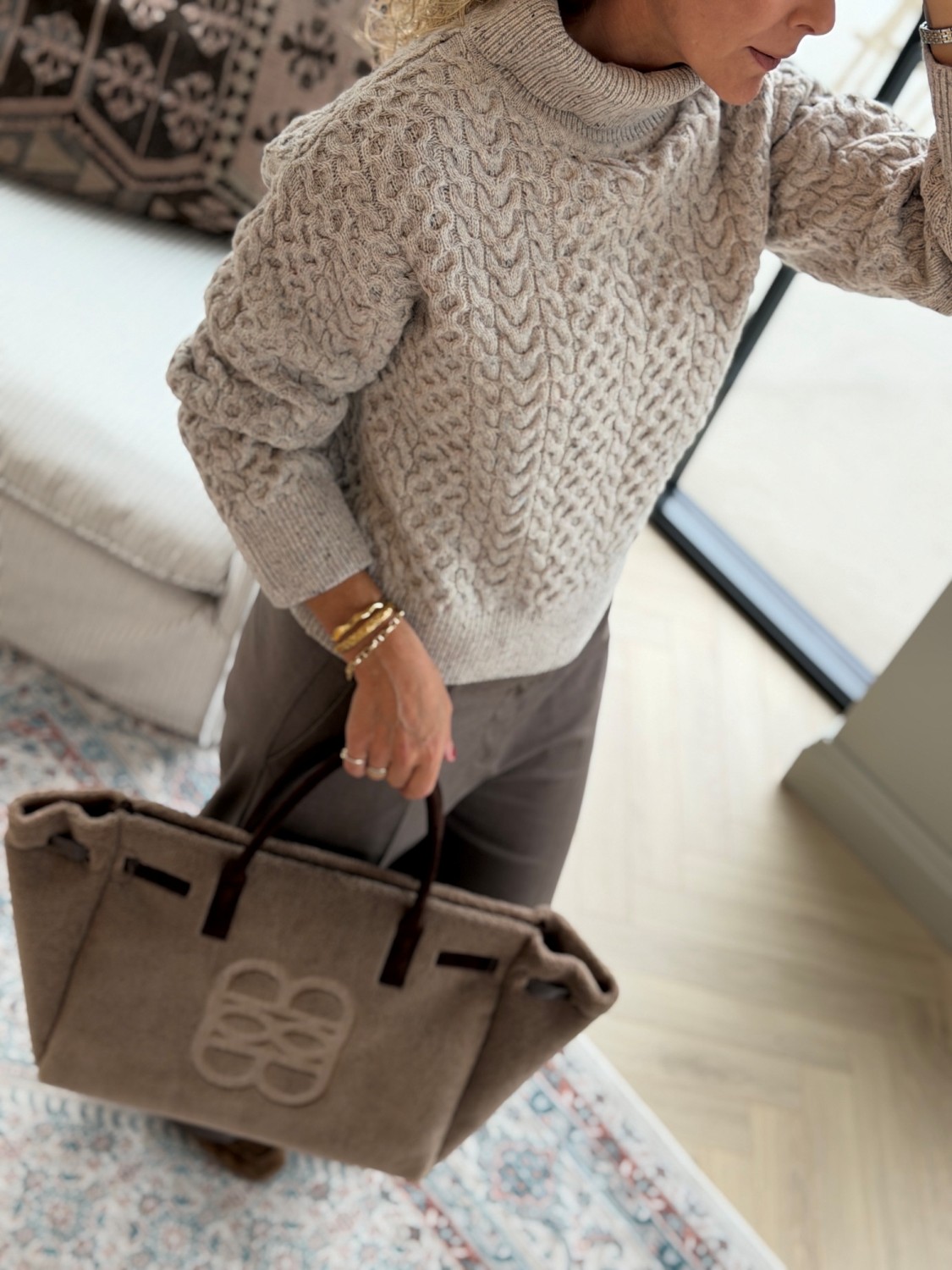 Selected Femme Wland LS Knit Cable Roll Neck Birch/NEPS – Kabelstrikket genser i ullblanding