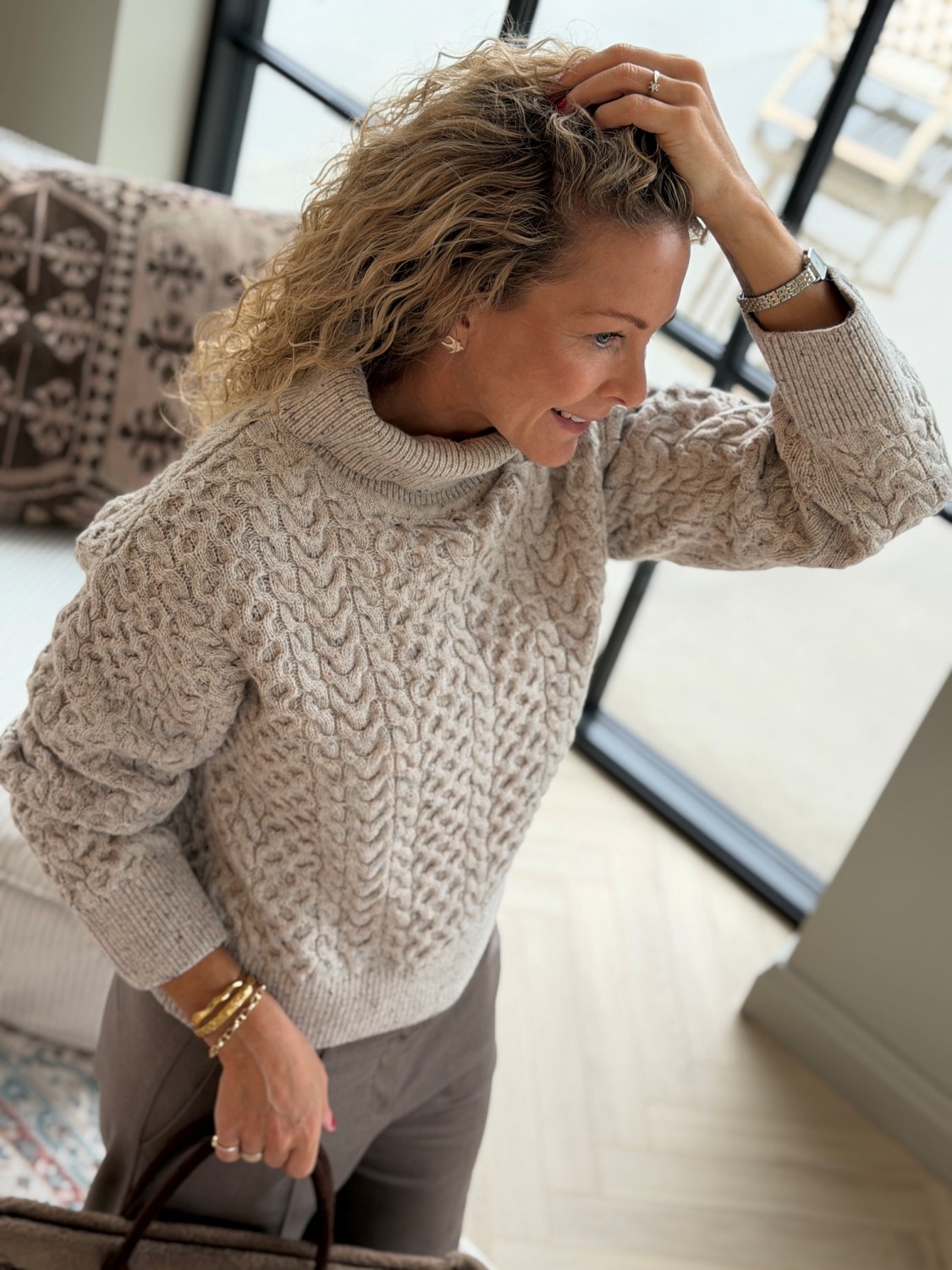Selected Femme Wland LS Knit Cable Roll Neck Birch/NEPS – Kabelstrikket genser i ullblanding