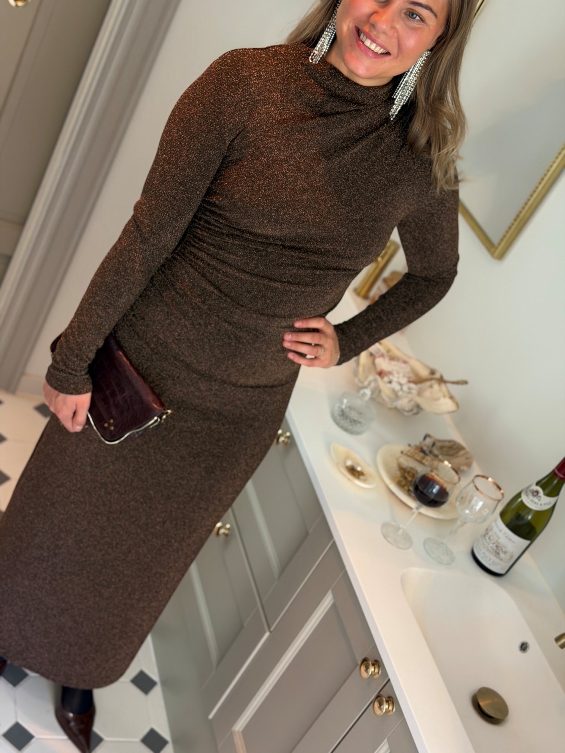 Selected Femme Nori LS Long Dress Delicioso – Brun maxikjole med metallic - Bilde 2